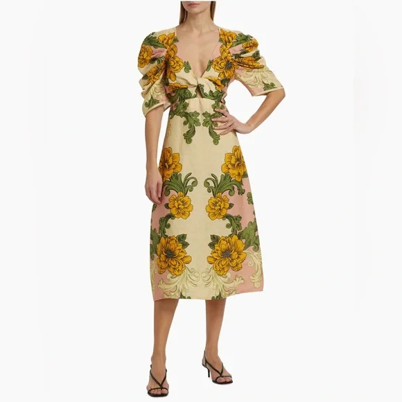 Farm Rio Floral Arabesque Linen Midi-Dress - Picture 2 of 8